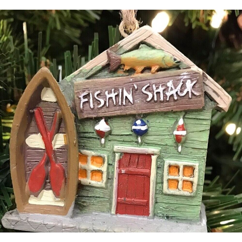 Fishing Shack Lodge Ornament Christmas Tree Outdoorsman Hunter Boat Fish - Picture 2 of 4